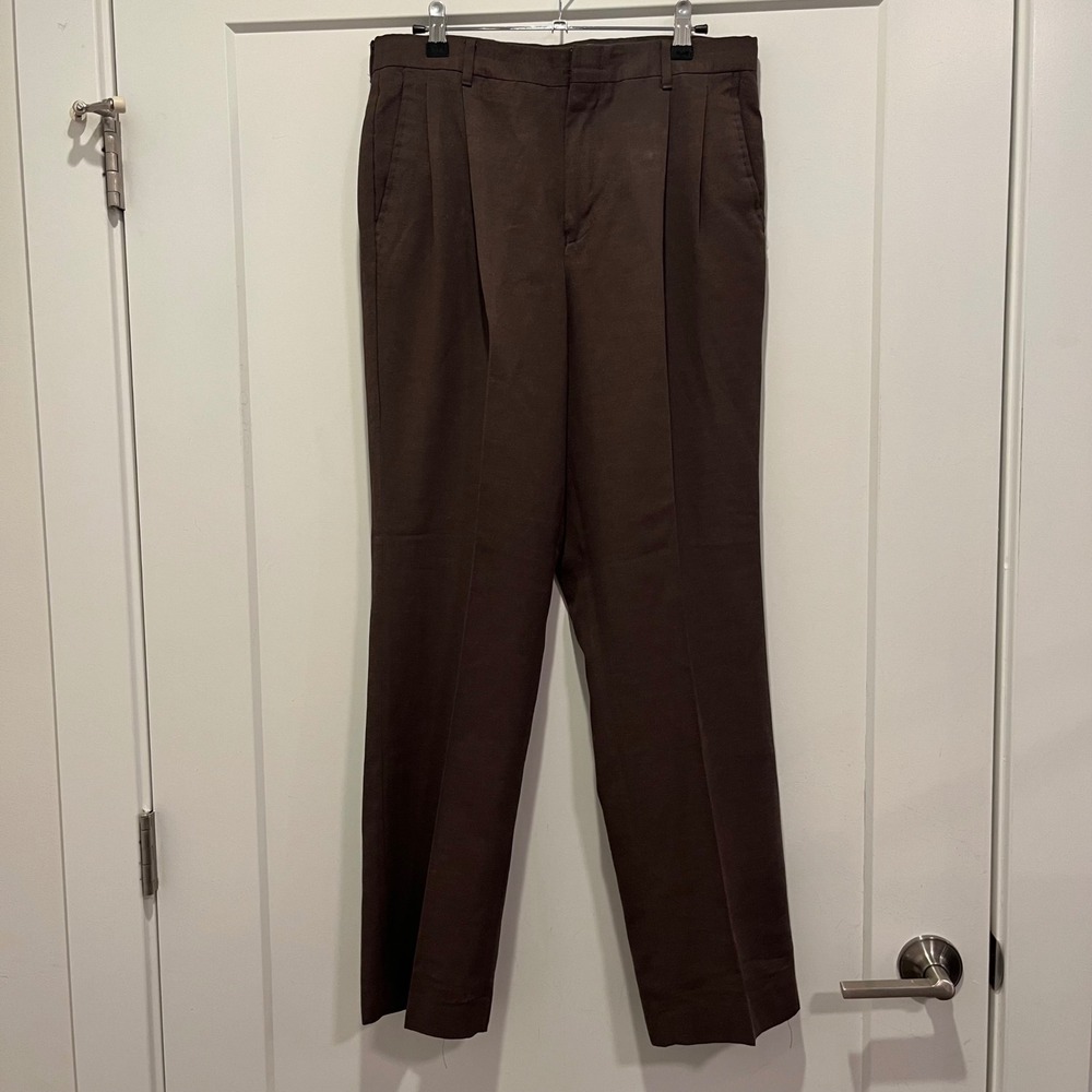 Botany 500 Mens Brown Pleated Dress Pants 32x30 Wool Blend Straight Leg Trousers